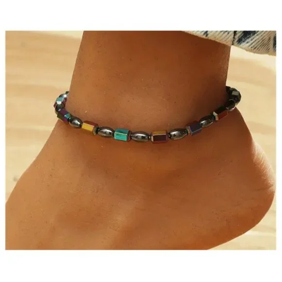 Gun Metal Grey & Iridescent 2 pk Hematite Bead Ankle Bracelet Magnetic Therapy - Picture 2 of 2
